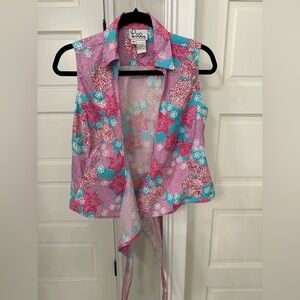 Lilly Pulitzer Womens M Floral Sleeveless Collared Wrap Around Blouse Tie Bow